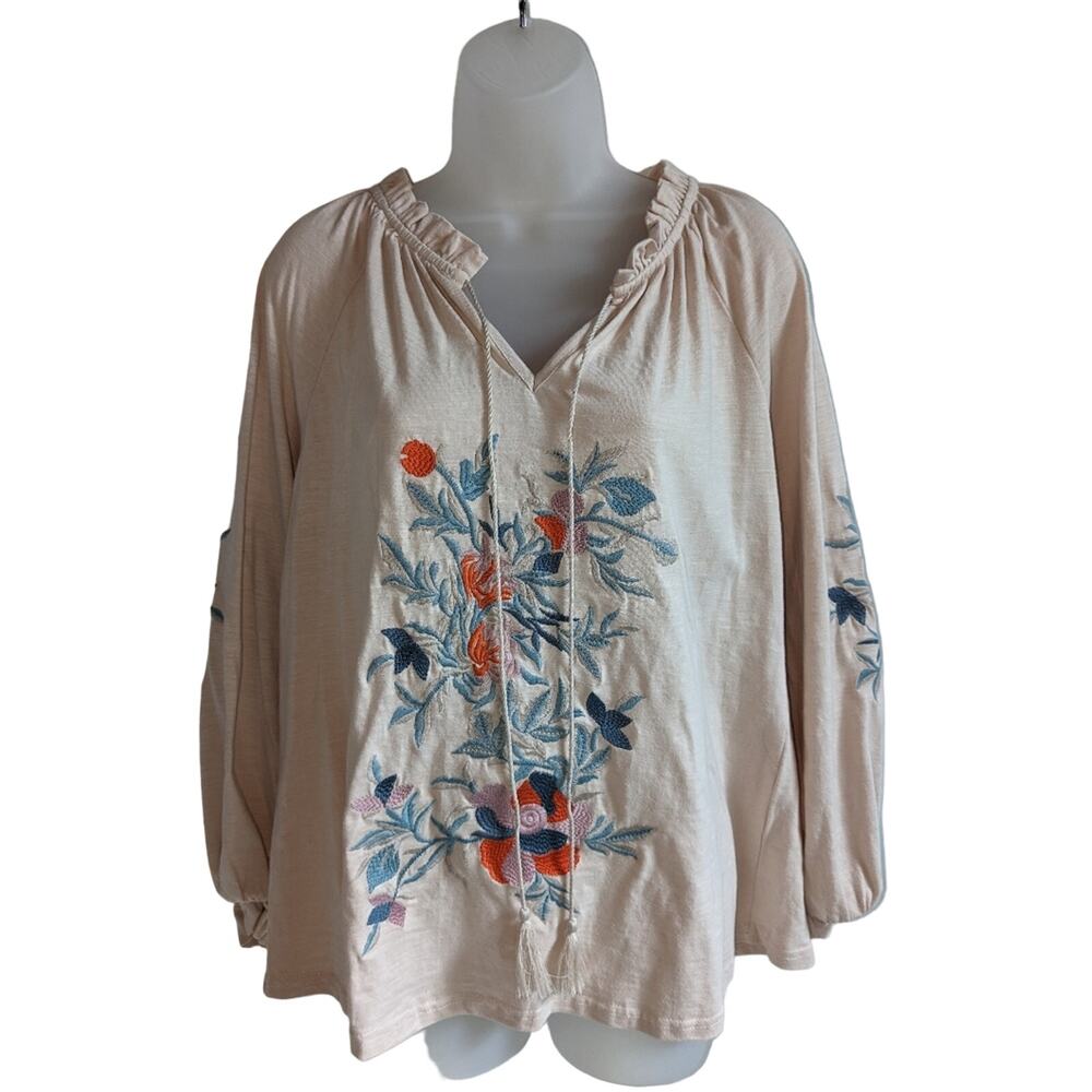 Solitaire Embroidered Floral Balloon Sleeve Boho Top Size Medium